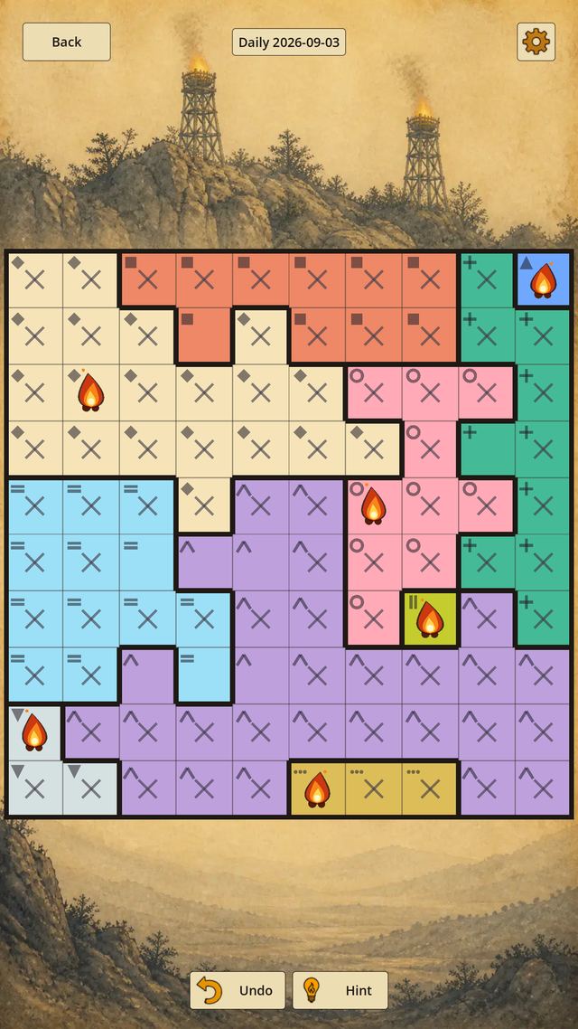 The daily puzzle mid-solve: a ten by ten board with coloured regions, X marks and six fires placed, on a paper backdrop with signal towers.