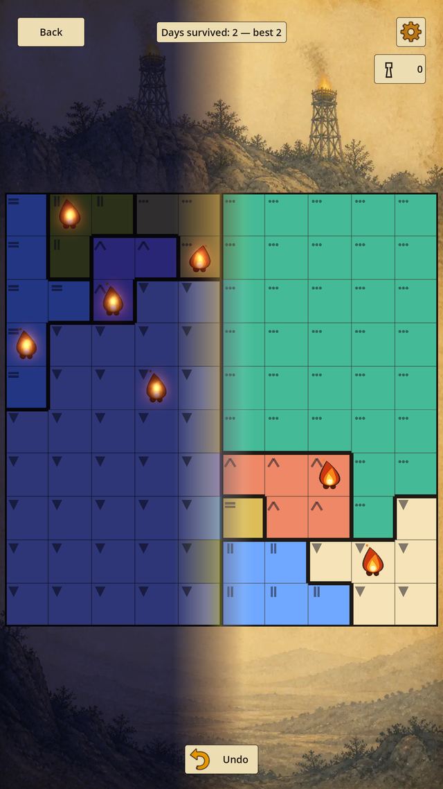 Endless mode: the left half of the board lies in night with glowing fires, the right half is still day with fresh coloured regions.