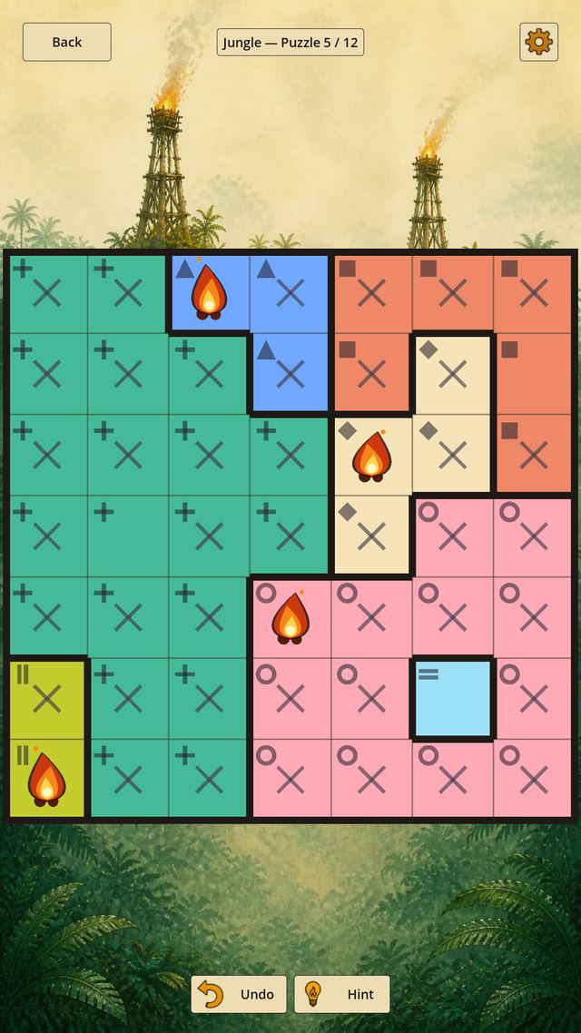 The Journey, jungle chapter: a board mid-solve in front of a painted jungle scene with a signal tower.