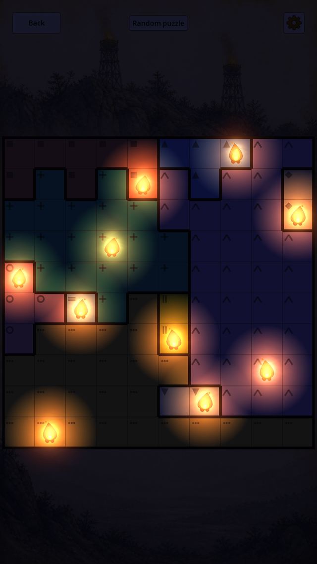 A solved board at night: the regions are dark and ten placed fires glow warm orange, each lighting the cells around it.